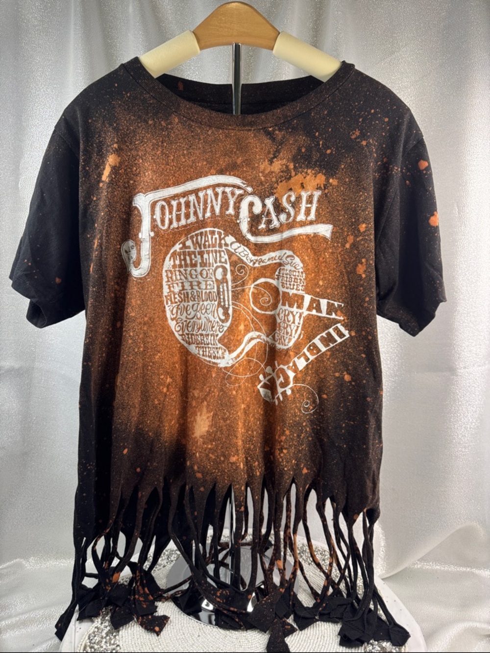 Johnny Cash Fringed T-Shirt brown paint splattered size Large